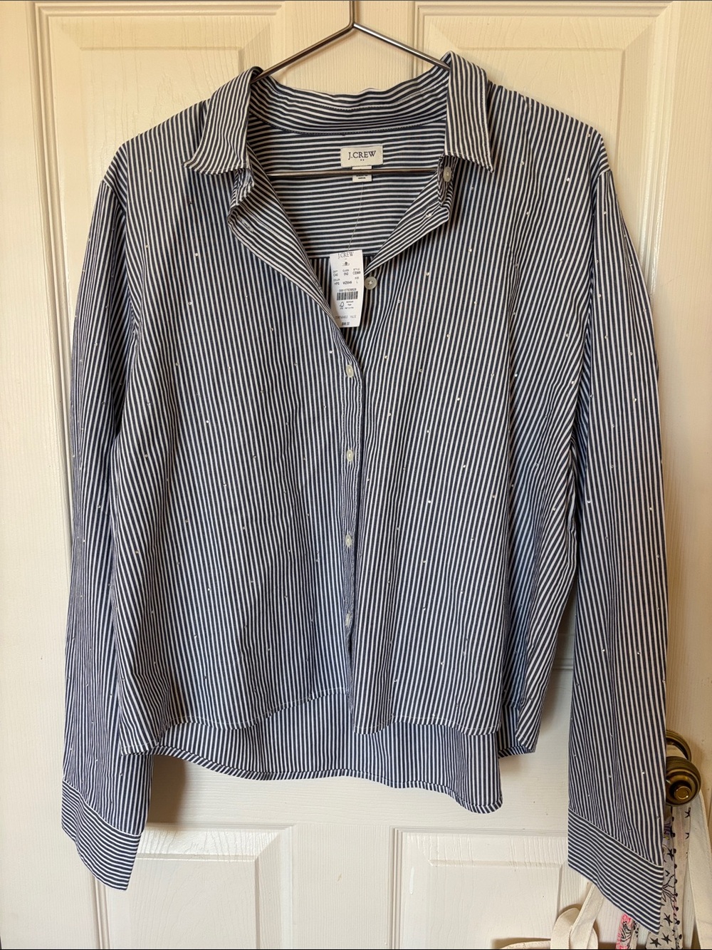 J.Crew NWT Rhinestone Button Up Blouse  Size Large Navy Blue Stripe